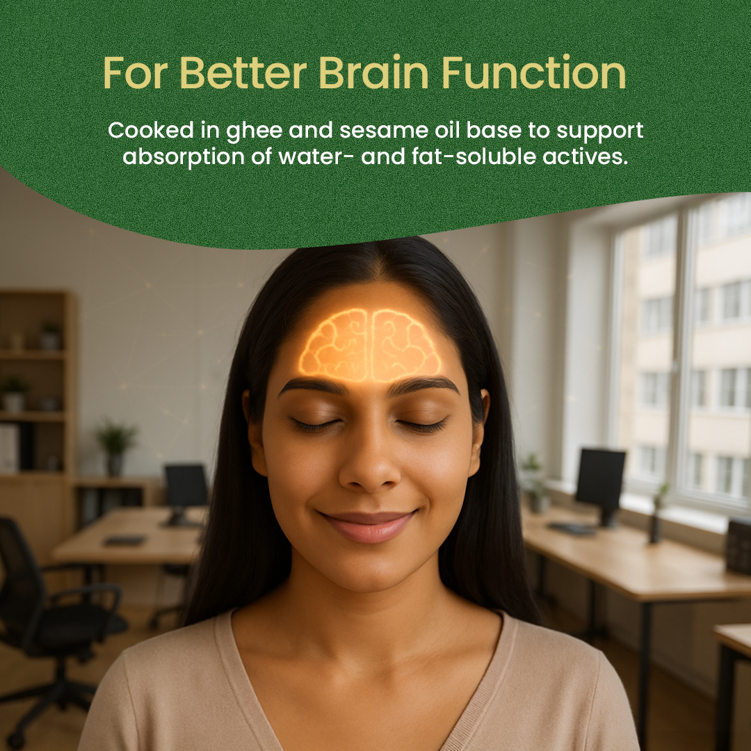 Smiling woman with illuminated brain overlay illustrating better brain function after Brahmi Pearls, emphasising brahmi for memory, focus and stress relief – Kerala Ayurveda India