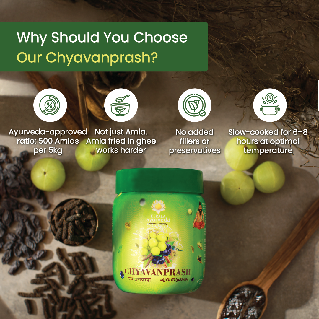 Why choose our Chyawanprash banner detailing ayurvedic amla ratio, ghee-fried amla and preservative-free formula for superior chyawanprash benefits – Kerala Ayurveda India