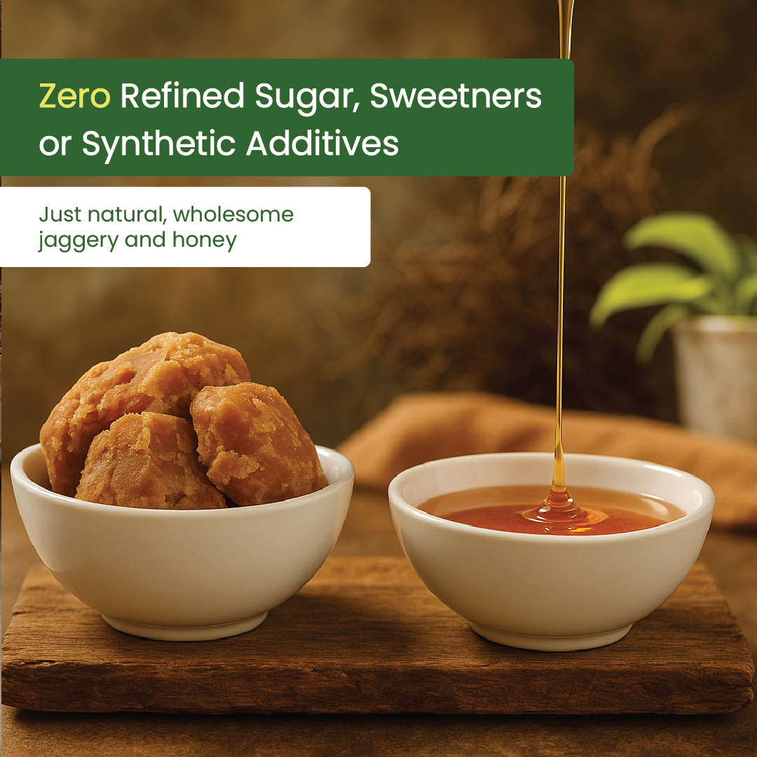 Bowls of jaggery and honey emphasising that Kerala Ayurveda Chyawanprash contains zero refined sugar or additives, a pure herbal immunity tonic – Kerala Ayurveda India