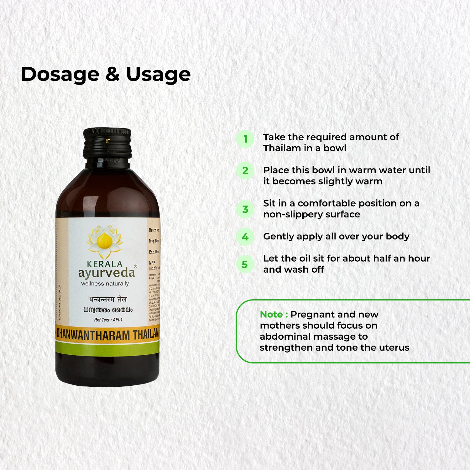 Instruction graphic showing how to warm and apply Dhanwantharam Thailam post-natal massage oil, step-by-step for full-body relief