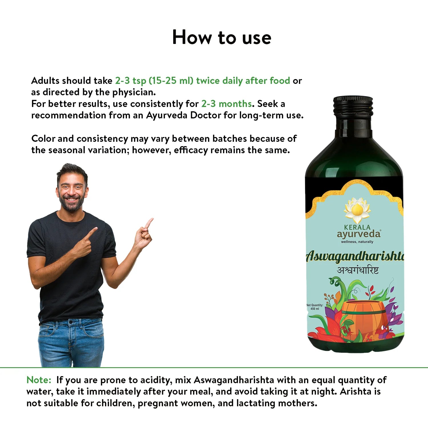 Usage guide graphic showing a smiling man pointing to directions that recommend 2-3 tsp daily of Kerala Ayurveda Aswagandharishta / Ashwagandharishta, the Ayurvedic tonic for strength and stress management – Kerala Ayurveda India