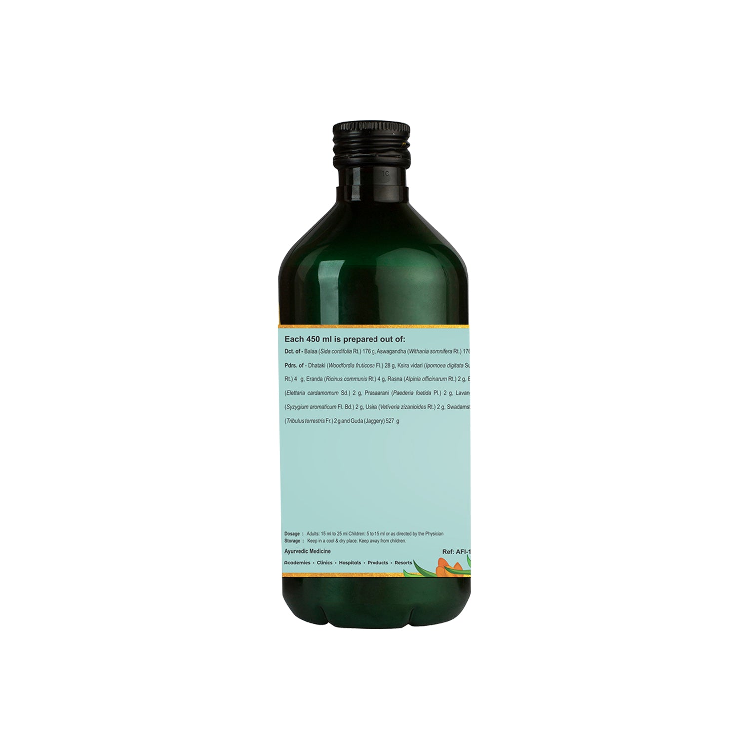 Side panel of the Balarishta bottle displaying the full herbal ingredient list, dosage guidance and storage instructions for this traditional balarishtam strength tonic – Kerala Ayurveda India