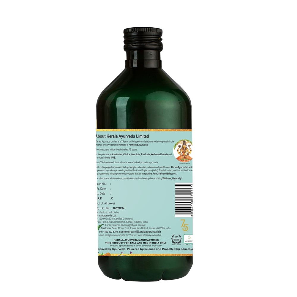 Back view of the dark green glass bottle of Kerala Ayurveda Dasamoolajeerakarishta, displaying information about Kerala Ayurveda Limited, manufacturing details, customer care contact, and a barcode. – Kerala Ayurveda India