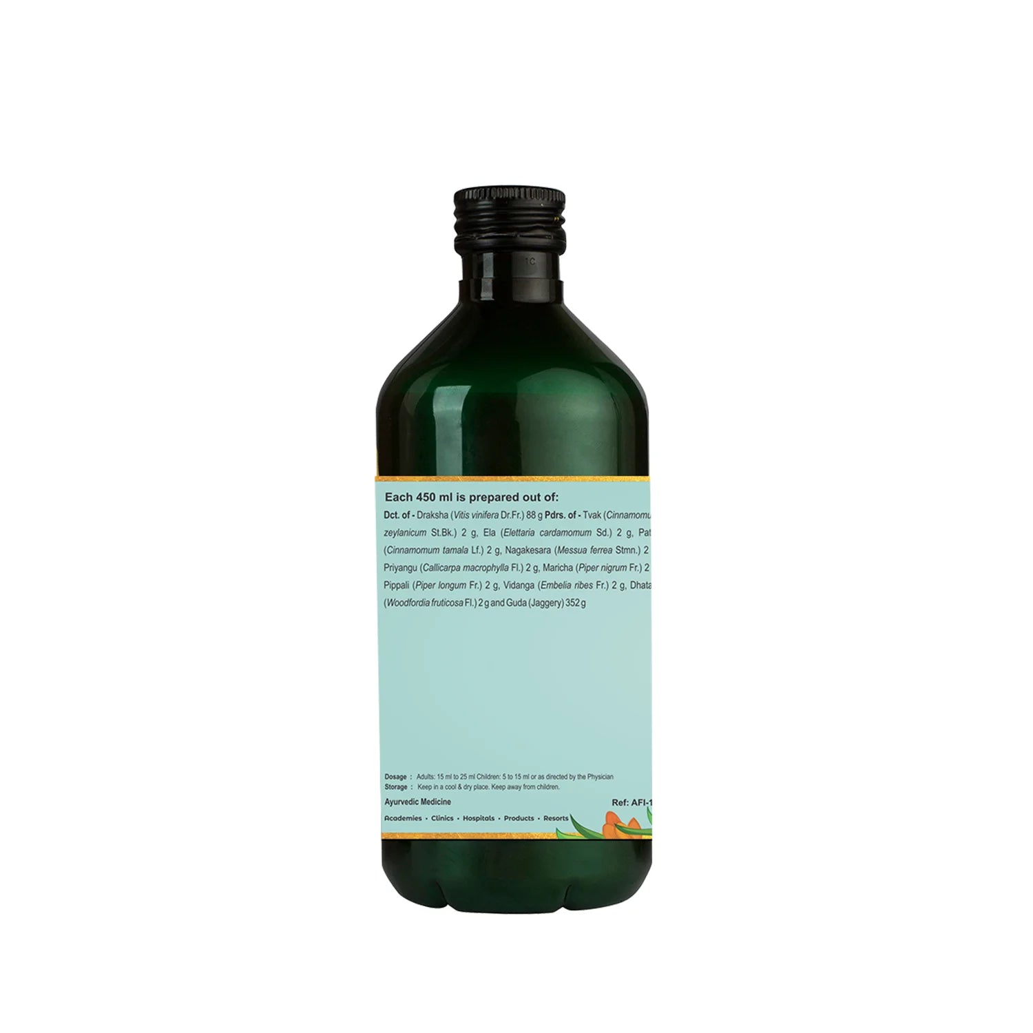 Side view of the Kerala Ayurveda Draksharishta Arishtam bottle, showing a partial list of ingredients per 450 ml, and full administration, dosage, and storage instructions. – Kerala Ayurveda India