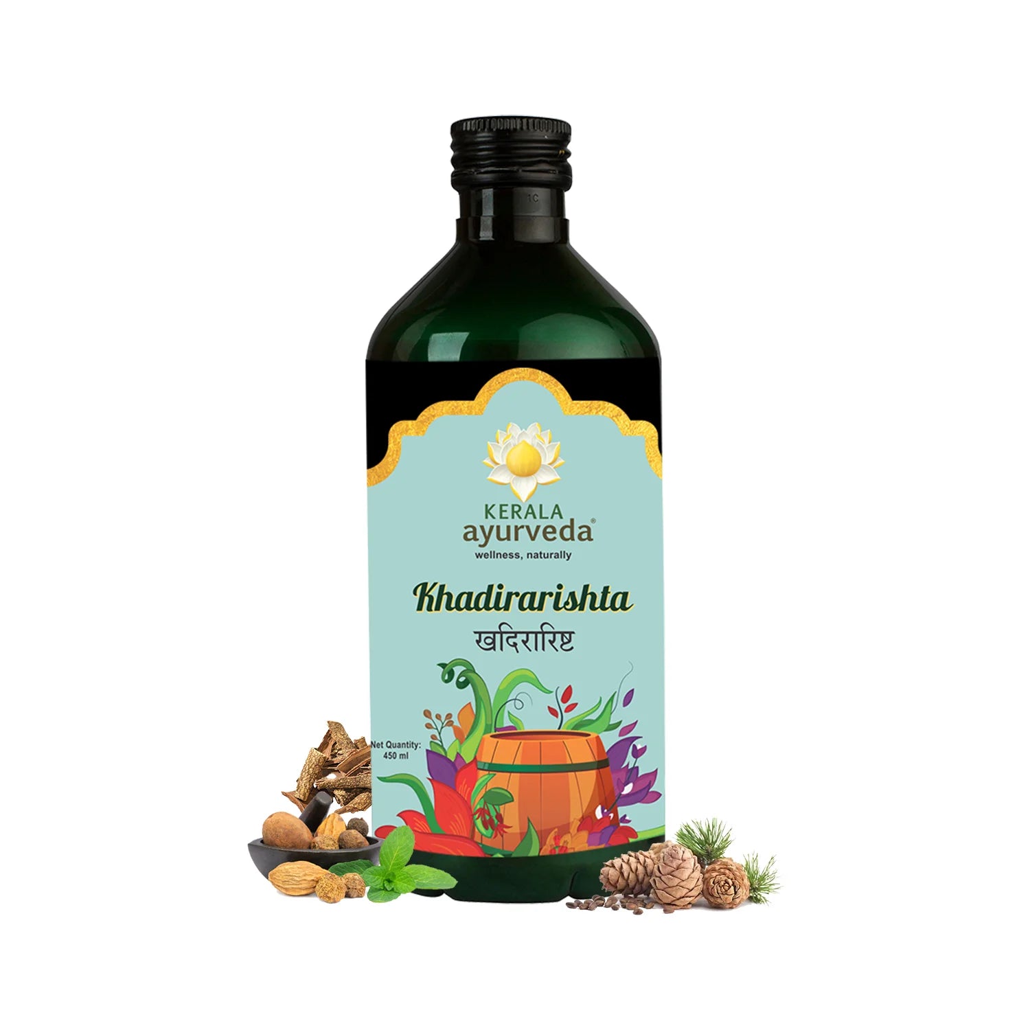Front view of a dark green glass bottle of Kerala Ayurveda Khadirarishta Arishtam, with a light blue label featuring floral and fruit illustrations, and the product name in English and Hindi. It indicates "Net Quantity: 450 ml." – Kerala Ayurveda India
