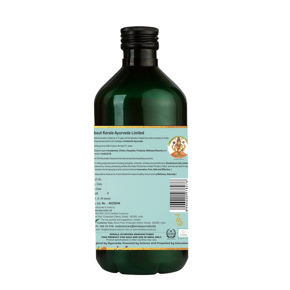 Back view of the dark green glass bottle of Kerala Ayurveda Kutajarishta, displaying information about Kerala Ayurveda Limited, manufacturing details, customer care contact, and a barcode. – Kerala Ayurveda India