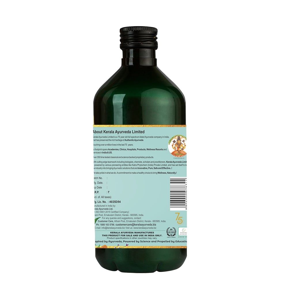Back view of the dark green glass bottle of Kerala Ayurveda Mustharishta, displaying information about Kerala Ayurveda Limited, manufacturing details, customer care contact, and a barcode. – Kerala Ayurveda India