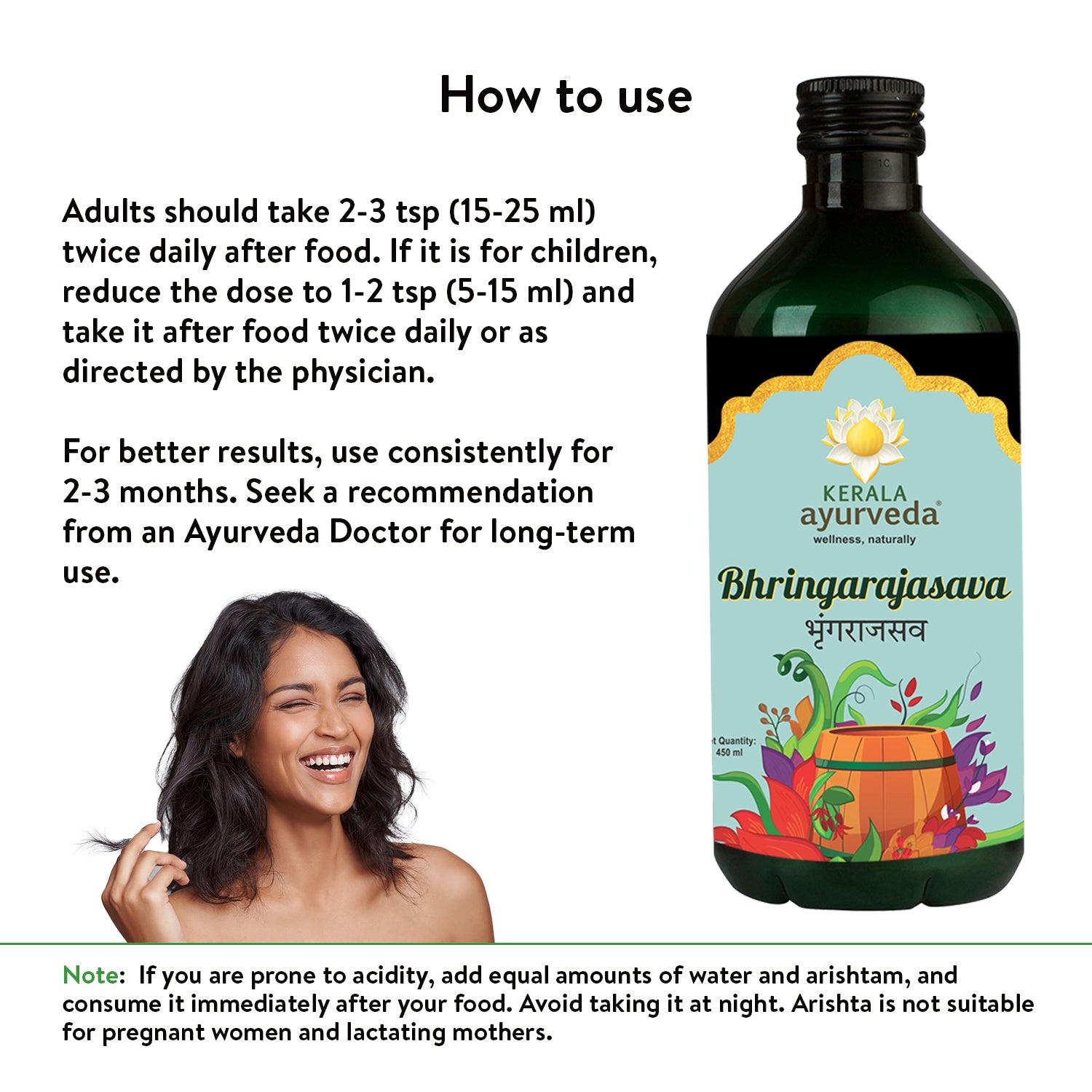 Banner titled "How to use" Bhringarajasava Asava, showing a smiling woman with healthy hair and providing dosage instructions for adults and children, emphasizing consistent use, and a note regarding acidity and use by pregnant/lactating mothers. – Kerala Ayurveda India