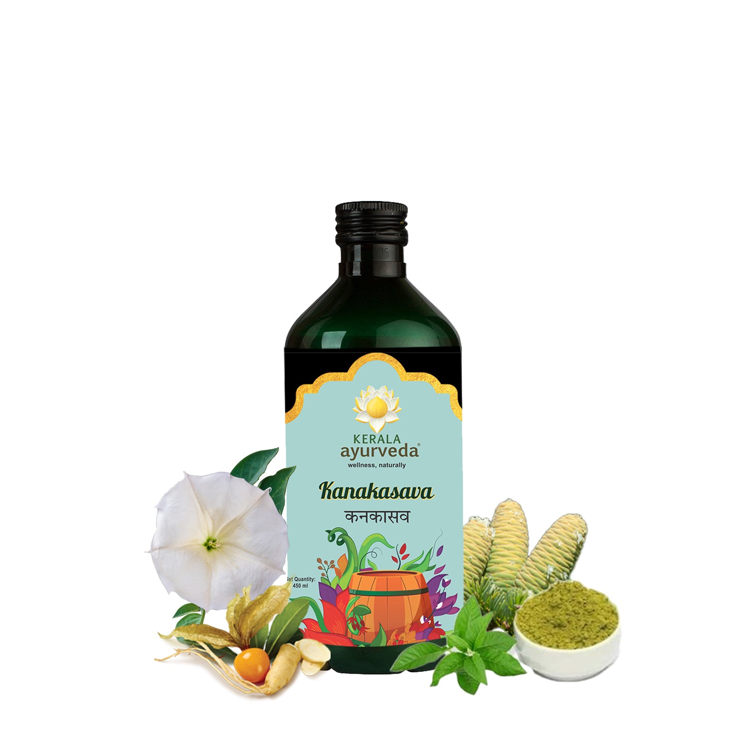 Front view of a dark green glass bottle of Kerala Ayurveda Kanakasava, with a light blue label featuring floral and barrel illustrations, and the product name in English and Hindi. Surrounding the bottle are ingredients like white datura flower and Kantakari. – Kerala Ayurveda India