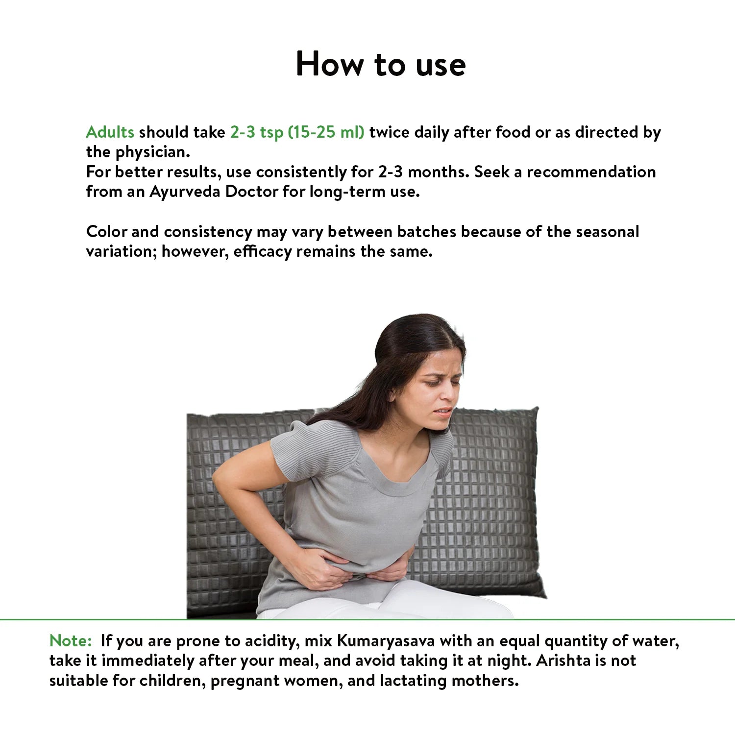 “How to use” panel: woman clutching her abdomen beside dosage advice (2–3 tsp), illustrating regular intake of Kumaryasavam to ease cramps and support digestion – Kerala Ayurveda India
