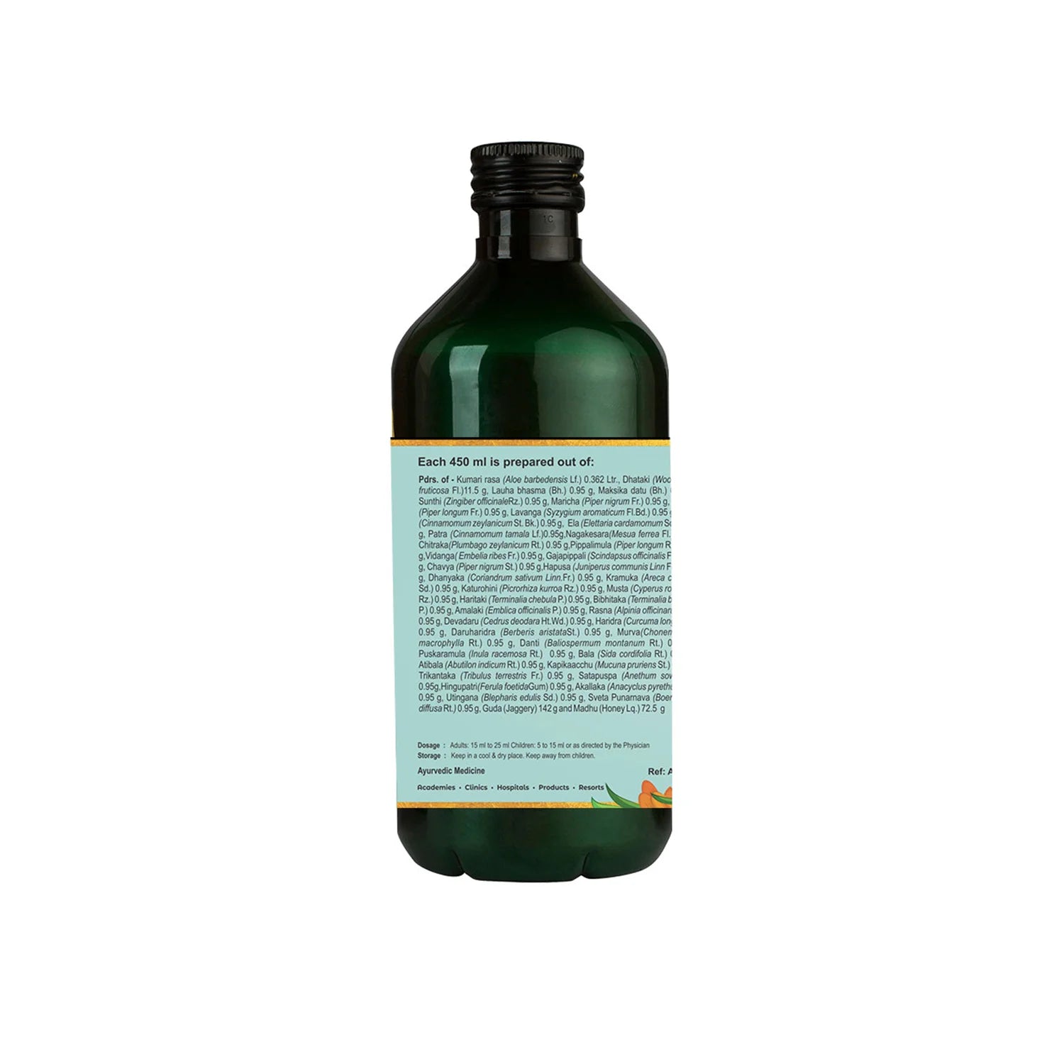 Detailed back-label of a green glass bottle of Kumaryasava (kumaryasavam) aloe vera tonic, showing the full classical herb list and dosage directions for this liver-digestive tonic – Kerala Ayurveda India