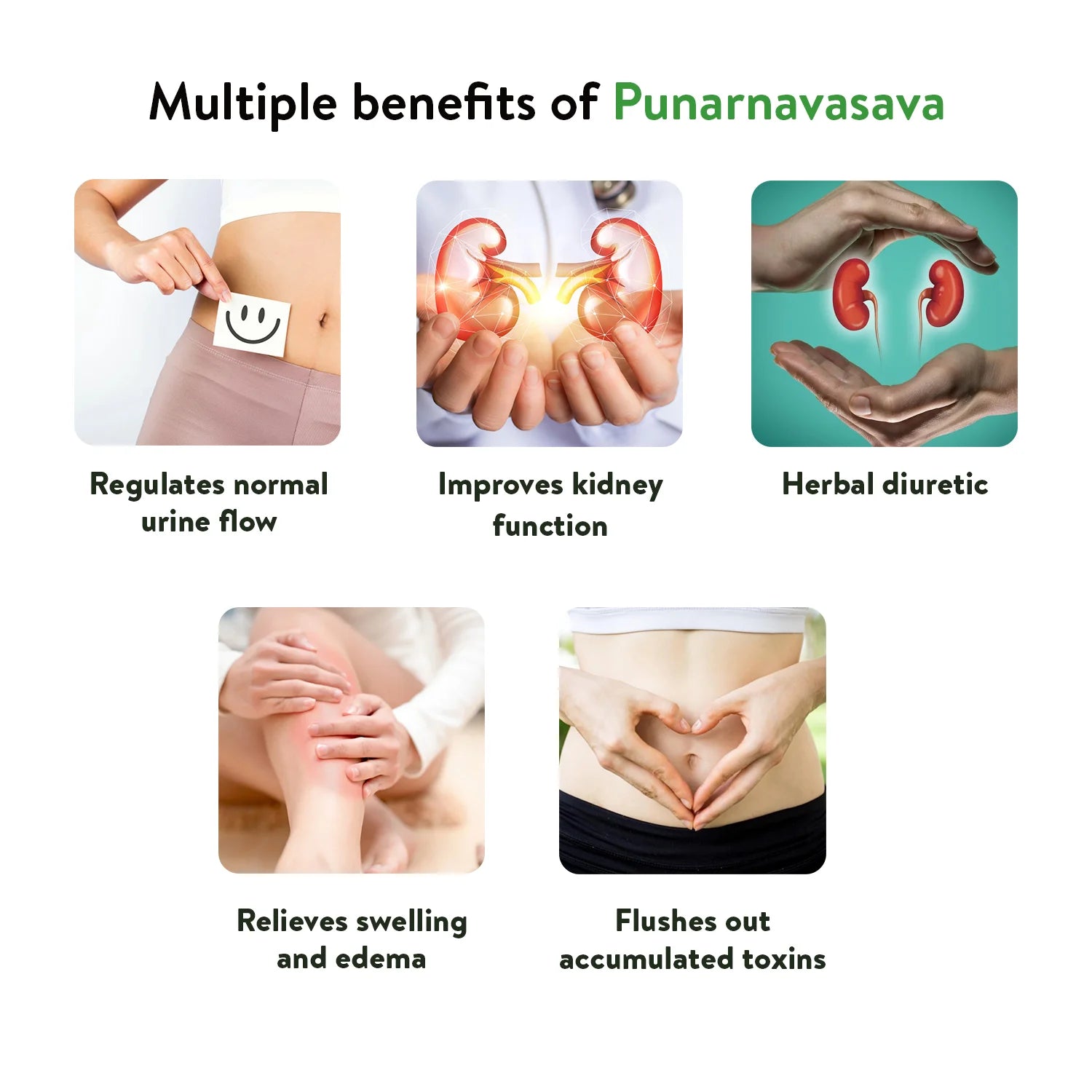 Benefits infographic for Punarnavasava showing visuals and captions such as “Regulates normal urine flow,” “Improves kidney function,” and “Relieves swelling and edema,” underscoring its herbal diuretic action – Kerala Ayurveda India