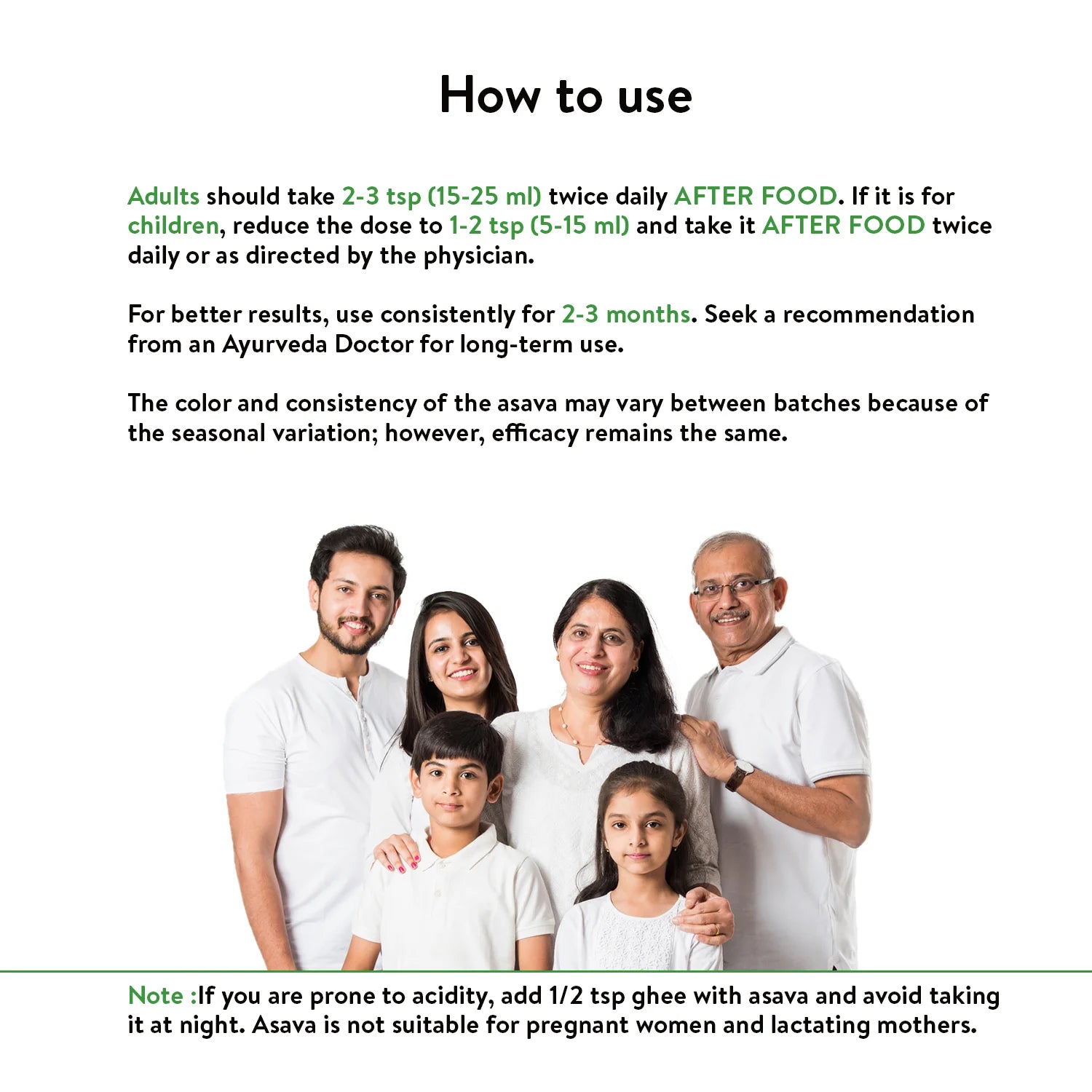 “How to use” poster explaining adult and child dosages of Punarnavasava kidney tonic, featuring a smiling multi-generational family to illustrate everyday suitability – Kerala Ayurveda India