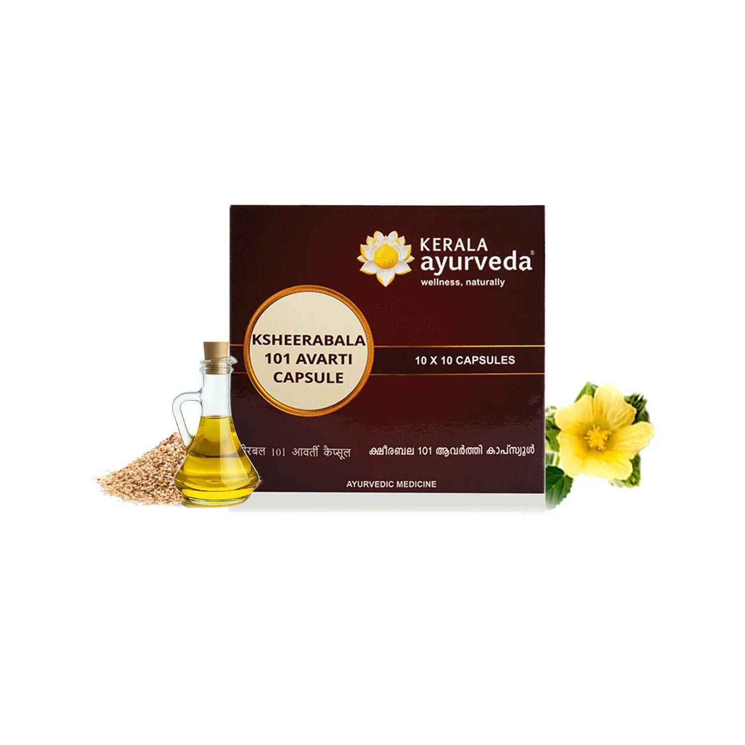 Front view of the Kerala Ayurveda Ksheerabala 101 Avarti Capsule box, with a dark brown and gold design. It features the product name "KSHEERABALA 101 AVARTI CAPSULE" and "10 X 10 CAPSULES", with sesame seeds, oil, and a yellow flower. – Kerala Ayurveda India