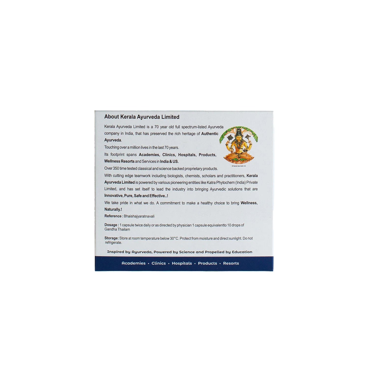 Informational back-panel describing Kerala Ayurveda Limited’s 70-year heritage and usage guidelines for Gandha Thailam Capsules – Kerala Ayurveda India