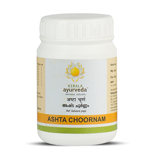 Front view of a white plastic jar of Kerala Ayurveda Ashta Choornam, with a white lid and a label displaying the product name in English and Devanagari script, along with the Kerala Ayurveda logo. – Kerala Ayurveda India