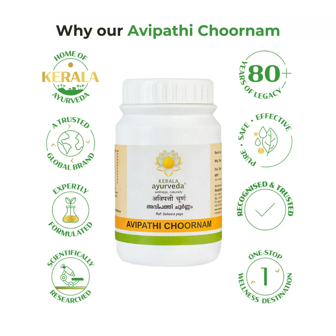 Infographic highlighting reasons to choose Kerala Ayurveda Avipathi Chooram, including being home of Kerala Ayurveda, 80+ years of legacy, a trusted global brand, safe, effective, pure, expertly formulated, recognized & trusted, scientifically researched, and a one-stop wellness destination. – Kerala Ayurveda India