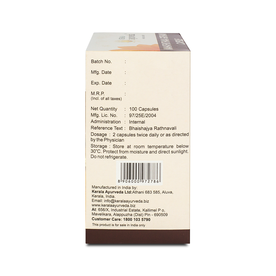 Rear panel of the Mahathikthaka Gritham carton detailing batch, MRP, 100-capsule net quantity, “2 capsules twice daily” dosage, storage advice and barcode – Kerala Ayurveda India
