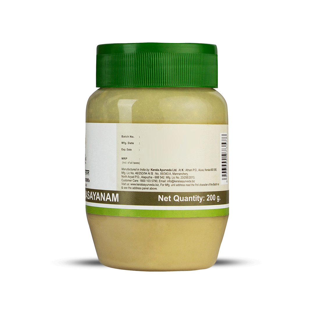 Side view of the Kerala Ayurveda Narasimha Rasayanam jar, displaying a detailed ingredients list prepared per 100g, and indicating administration, dosage, and storage for this Ayurvedic medicine. – Kerala Ayurveda India