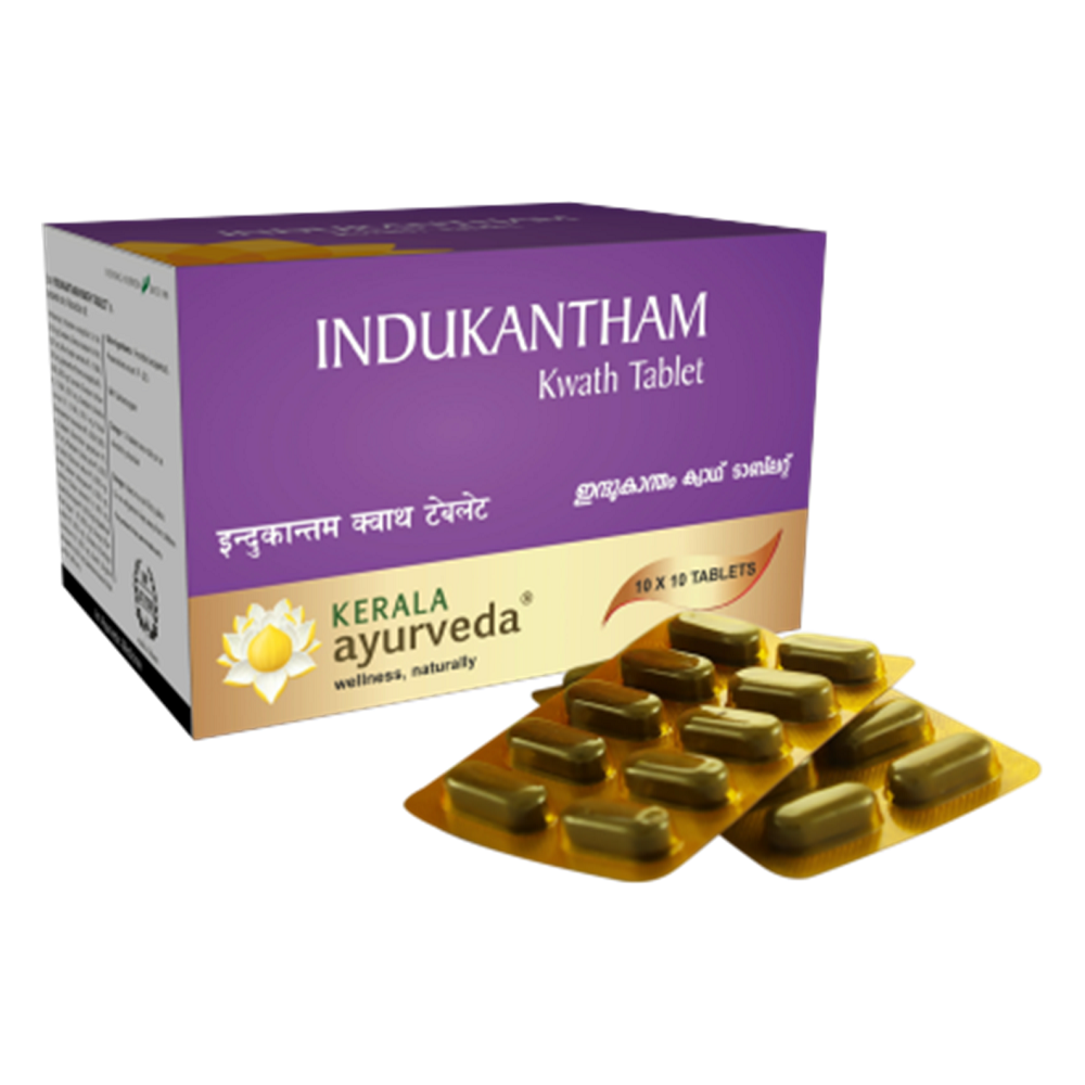 Packaging of Kerala Ayurveda Indukantham Kwath Tablets with the box and blister packs visible - Kerala Ayurveda India