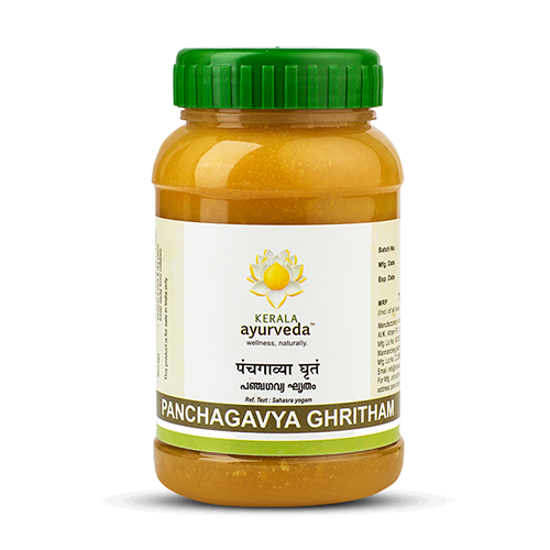 Front view of a clear plastic jar with a green lid, filled with a yellowish substance, labeled as Kerala Ayurveda Panchagavya Ghritham. The product name is displayed in English and Malayalam script with the Kerala Ayurveda logo. – Kerala Ayurveda India