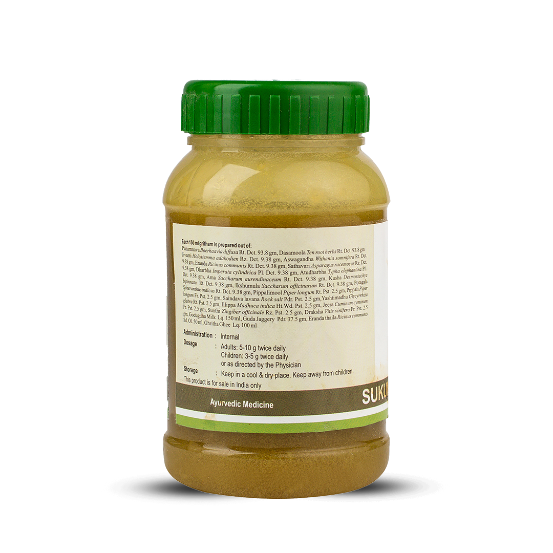 Side view of the Sukumara Ghritham jar, displaying a detailed ingredients list prepared per 100 gm, including Dasamoola, Ashwagandha, and Jaggery. Administration, dosage (5-10 g twice daily for adults), and storage instructions are also visible. – Kerala Ayurveda India