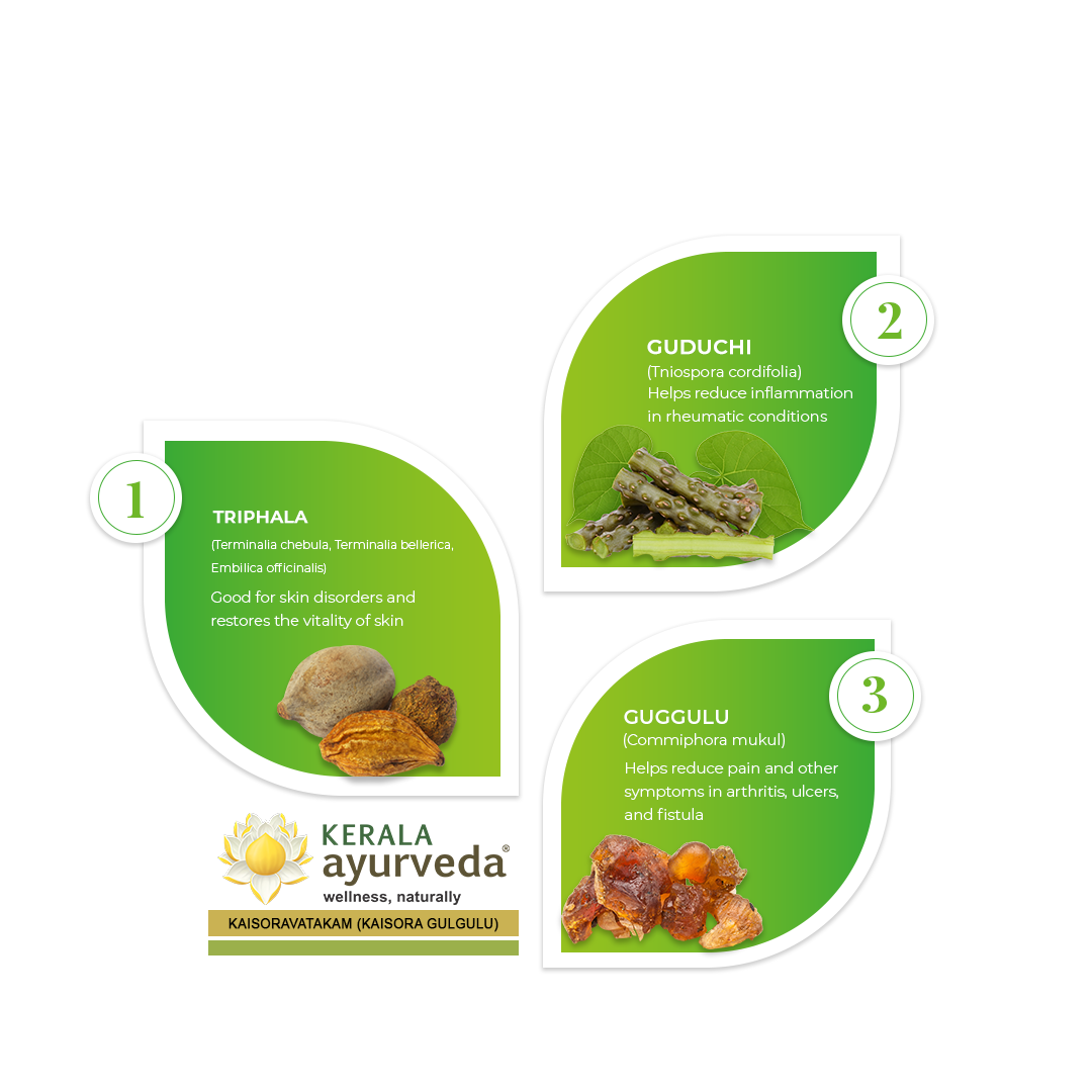 Banner illustrating key ingredients of Kaisora Gulgulu Gulika: Triphala, Guduchi, and Guggulu, detailing their benefits for skin disorders, vitality, reducing inflammation in rheumatic conditions, and reducing pain in arthritis, ulcers, and fistula. – Kerala Ayurveda India
