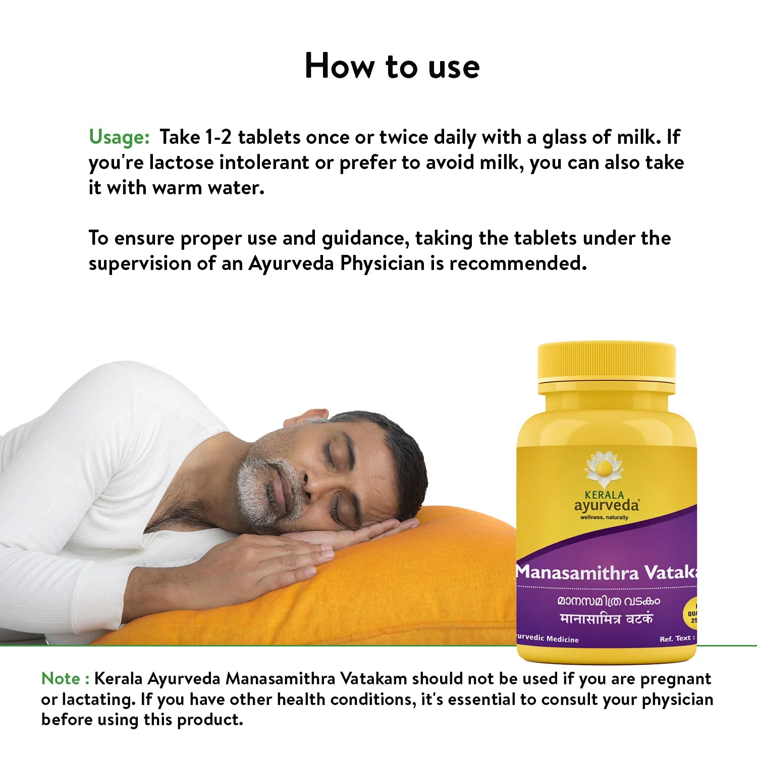 “How to use” banner showing a man sleeping soundly on a yellow pillow, alongside text advising 1-2 tablets with milk or warm water under an Ayurveda physician’s guidance, plus a product bottle image. – Kerala Ayurveda India