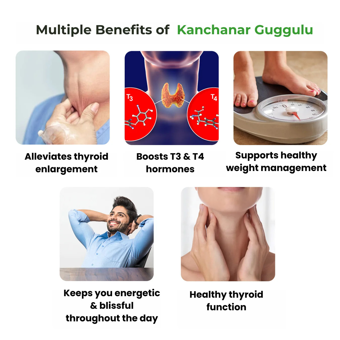 Banner highlighting "Multiple Benefits of Kanchanar Guggulu," illustrating how it alleviates thyroid enlargement, boosts T3 & T4 hormones, supports healthy weight management, keeps you energetic, and promotes healthy thyroid function. – Kerala Ayurveda India