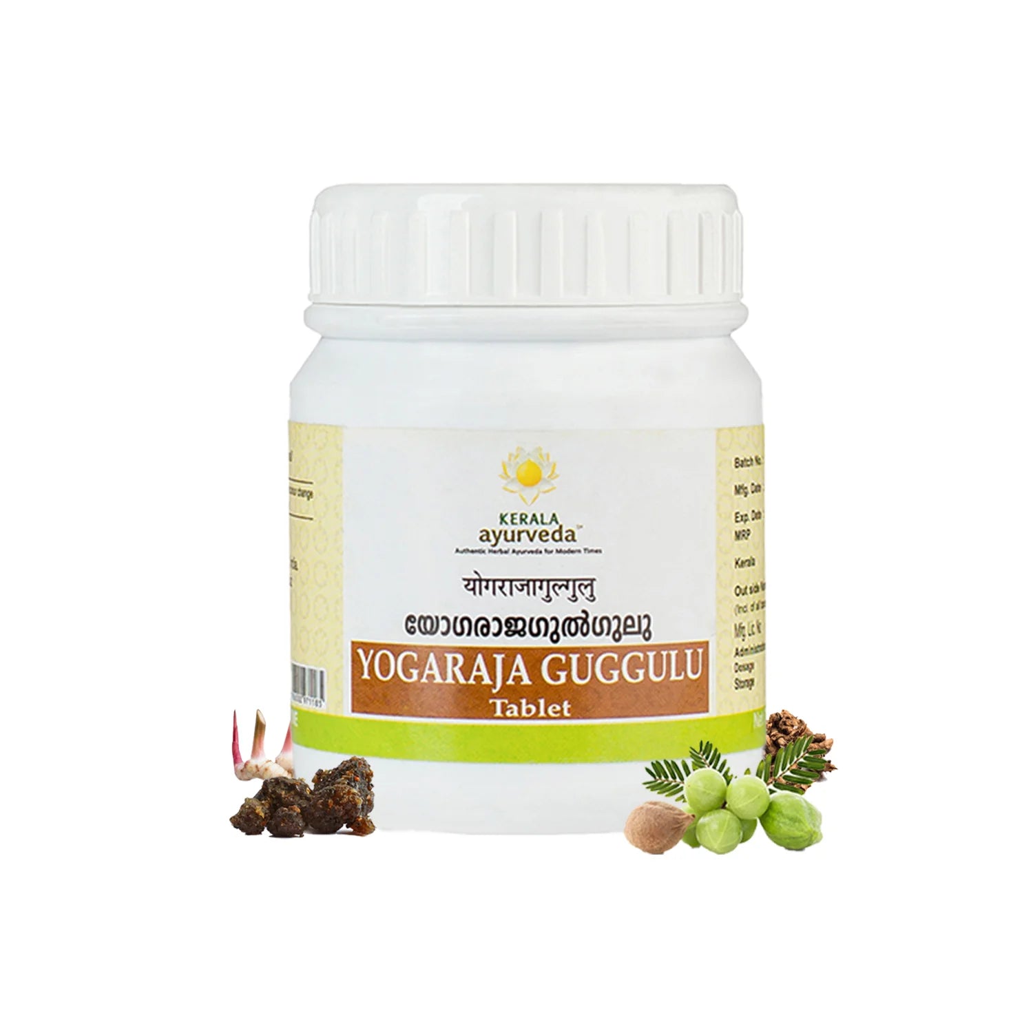 Front product image of Yogaraja Guggulu tablet container with guggulu resin, rasna sprouts and amla fruits arranged at the base, highlighting a natural vatika blend for joint pain relief – Kerala Ayurveda India