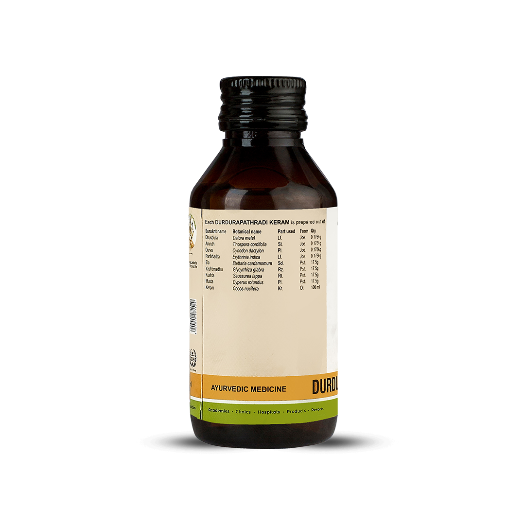 Side view of the dark brown glass bottle of Kerala Ayurveda Durdurapatradi Keram, showing a detailed list of ingredients prepared per 100 ml for this Ayurvedic medicine. – Kerala Ayurveda India
