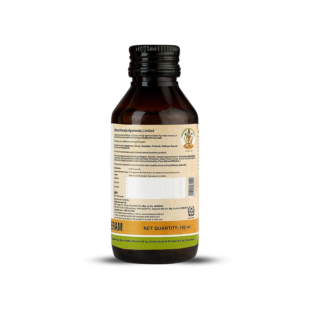 Back view of the dark brown glass bottle of Kerala Ayurveda Durdurapatradi Keram, displaying information about Kerala Ayurveda Limited, net quantity of 100 ml, and manufacturing details. – Kerala Ayurveda India