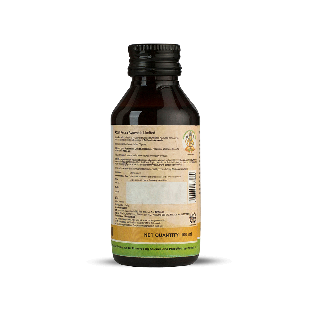 Back view of the dark brown glass bottle of Kerala Ayurveda Jathyadi Kera Thailam, displaying the net quantity of 100 ml, manufacturing details by Kerala Ayurveda Ltd., customer care information, and a barcode. – Kerala Ayurveda India