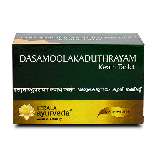 Front view of the Kerala Ayurveda Dasamoolakaduthrayam Kwath Tablet box, with a dark green and brown design. It prominently displays "DASAMOOLAKADUTHRAYAM Kwath Tablet" in English and regional scripts, along with "10 X 10 TABLETS". – Kerala Ayurveda India