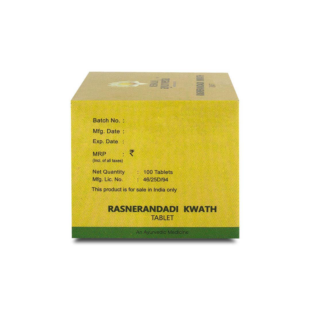 Back view of the Kerala Ayurveda Rasnerandadi Kwath Tablet box, showing the net quantity of 100 Tablets, manufacturing details, customer care information, and a barcode. – Kerala Ayurveda India