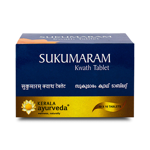 Front view of the Kerala Ayurveda Sukumarum Kwath Tablet box, with a dark blue and orange design. It prominently displays "SUKUMARAM Kwath Tablet" in English and regional scripts, along with "10 X 10 TABLETS". – Kerala Ayurveda India