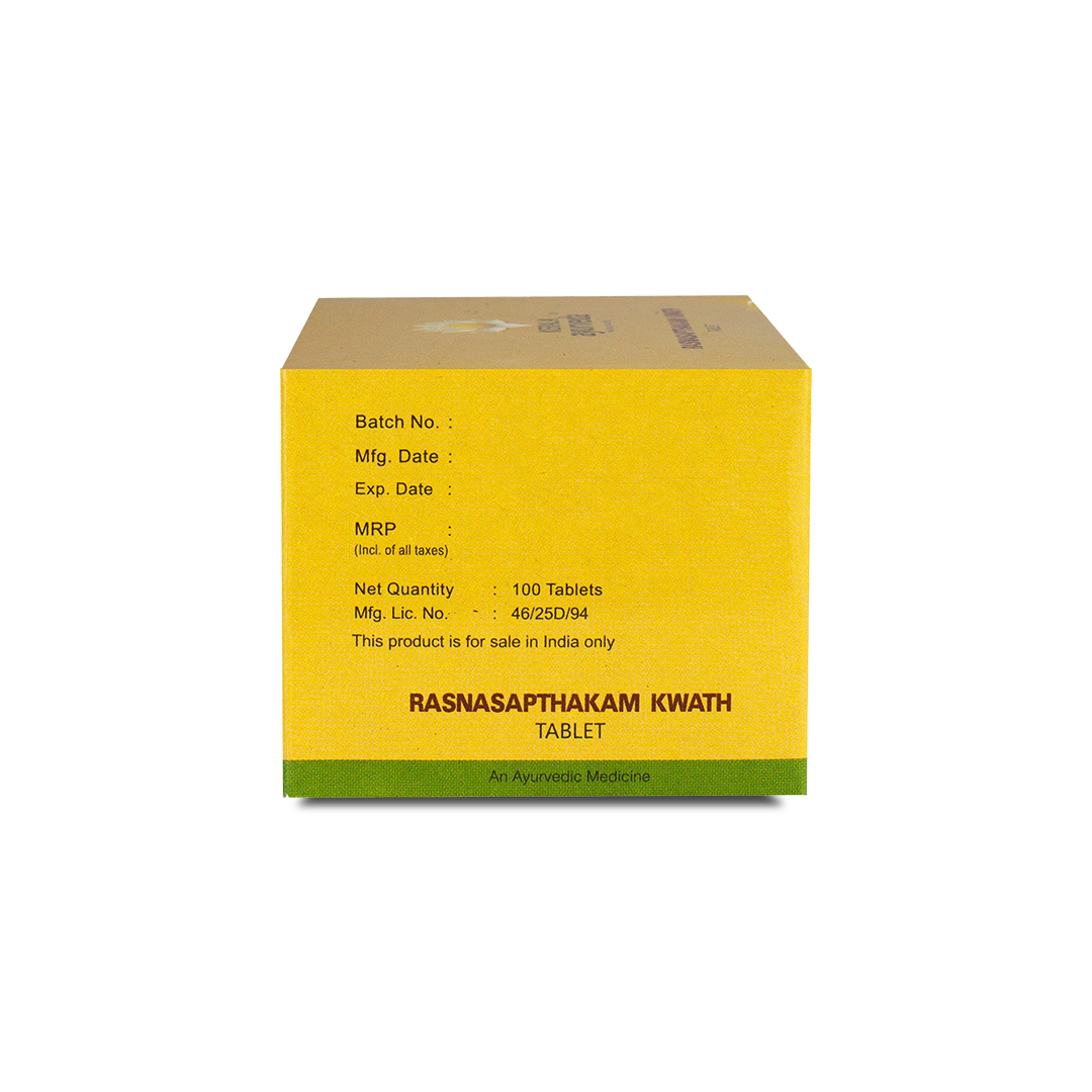 Back view of the Kerala Ayurveda Rasnasapthakam Kwath Tablet box, showing the net quantity of 100 Tablets, manufacturing details, customer care contact, and a barcode. – Kerala Ayurveda India