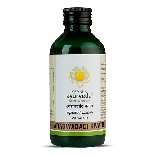 Front view of a dark green glass bottle of Kerala Ayurveda Aragwadadi Kwath, with a cream-colored label displaying the product name in English and Malayalam script, along with the Kerala Ayurveda logo. – Kerala Ayurveda India