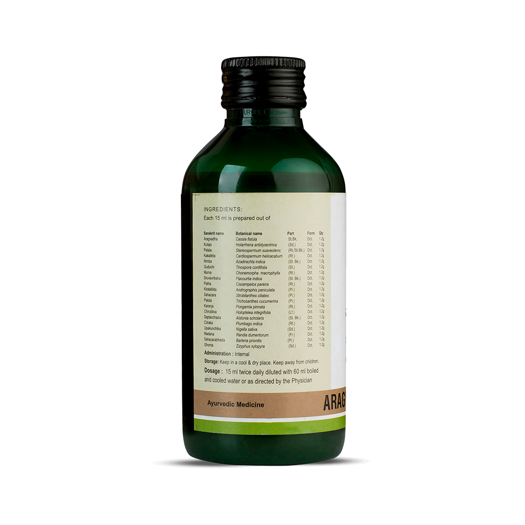 Side view of the dark green glass bottle of Kerala Ayurveda Aragwadadi Kwath, showing a detailed list of ingredients prepared per 10 ml, including Sanskrit name, botanical name, part, form, and quantity. Administration, dosage (15 ml twice daily diluted with 60 ml water), and storage instructions are also visible. – Kerala Ayurveda India
