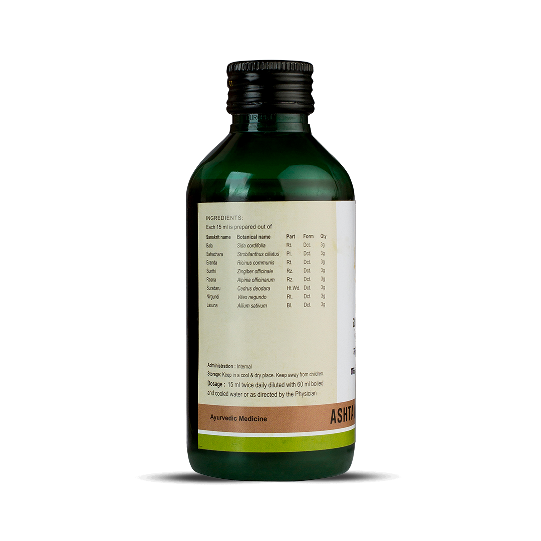 Side view of the dark green glass bottle of Kerala Ayurveda Ashtavargam Kwath, showing a detailed list of ingredients prepared per 15 ml, and administration, dosage (15 ml twice daily diluted with 60 ml water), and storage instructions. – Kerala Ayurveda India