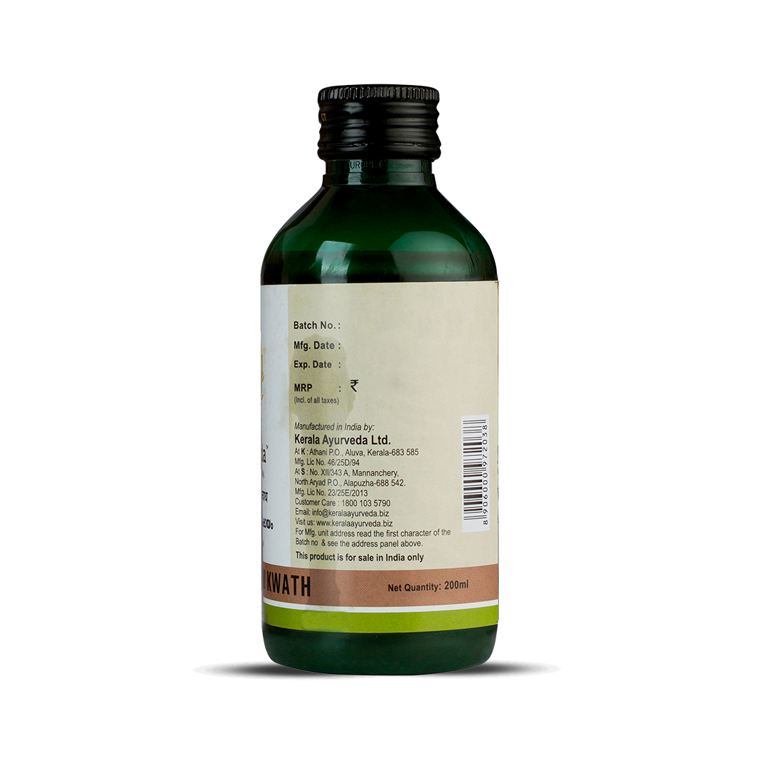 Back view of the dark green glass bottle of Kerala Ayurveda Ashtavargam Kwath, displaying the net quantity of 200ml, manufacturing details, customer care information, and a barcode. – Kerala Ayurveda India