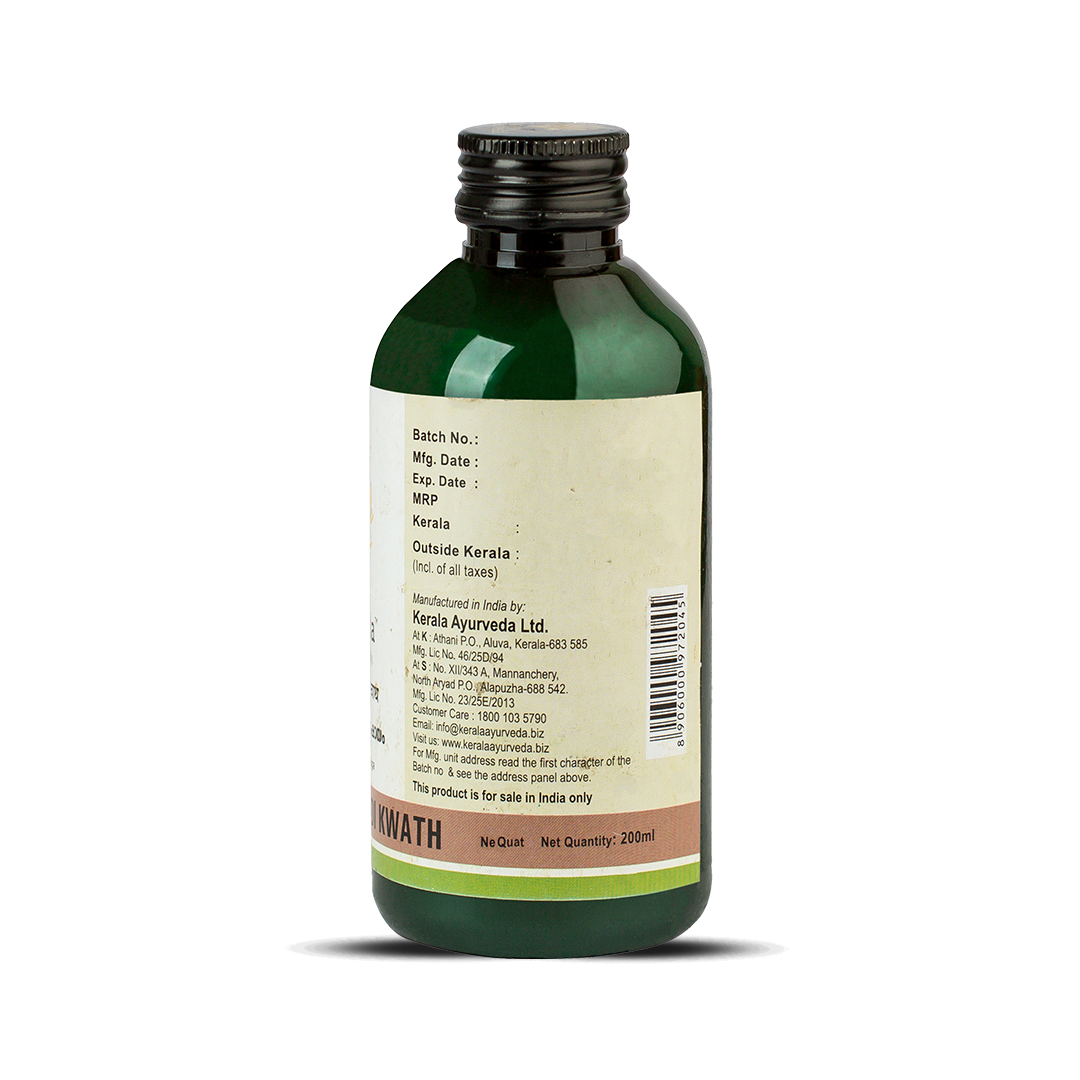 Back view of the dark green glass bottle of Kerala Ayurveda Balaguluchyadi Kwath, displaying the net quantity of 200ml, manufacturing details, customer care information, and a barcode. – Kerala Ayurveda India