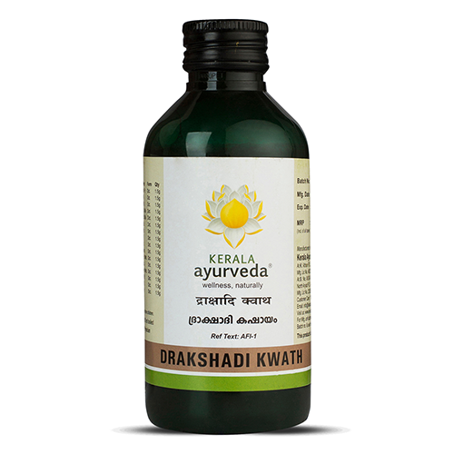 Front view of a dark green glass bottle of Kerala Ayurveda Drakshadi Kwath, with a cream-colored label displaying the product name in English and Malayalam script, along with the Kerala Ayurveda logo. – Kerala Ayurveda India