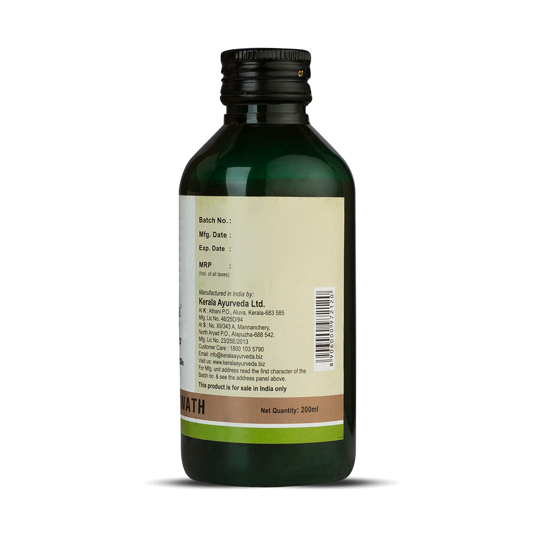 Back view of the dark green glass bottle of Kerala Ayurveda Drakshadi Kwath, displaying the net quantity of 200ml, manufacturing details, customer care information, and a barcode. – Kerala Ayurveda India