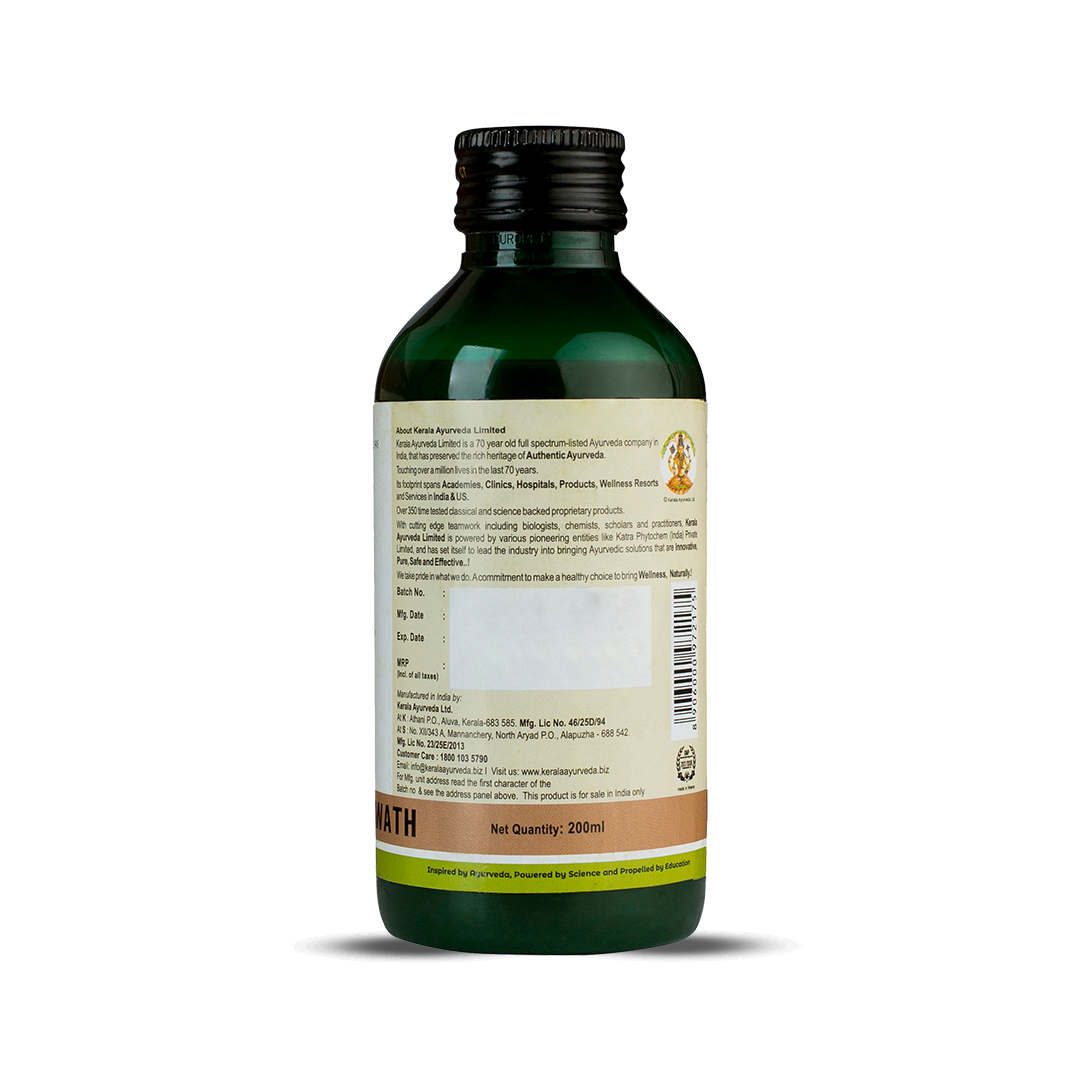 Back view of the dark green glass bottle of Kerala Ayurveda Indukantham Kwath, displaying the net quantity of 200ml, manufacturing details, customer care information, and a barcode. – Kerala Ayurveda India