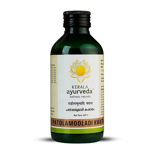 Front view of a dark green glass bottle of Kerala Ayurveda Patolamooladi Kwath, with a cream-colored label displaying the product name in English and Malayalam script, along with the Kerala Ayurveda logo. – Kerala Ayurveda India