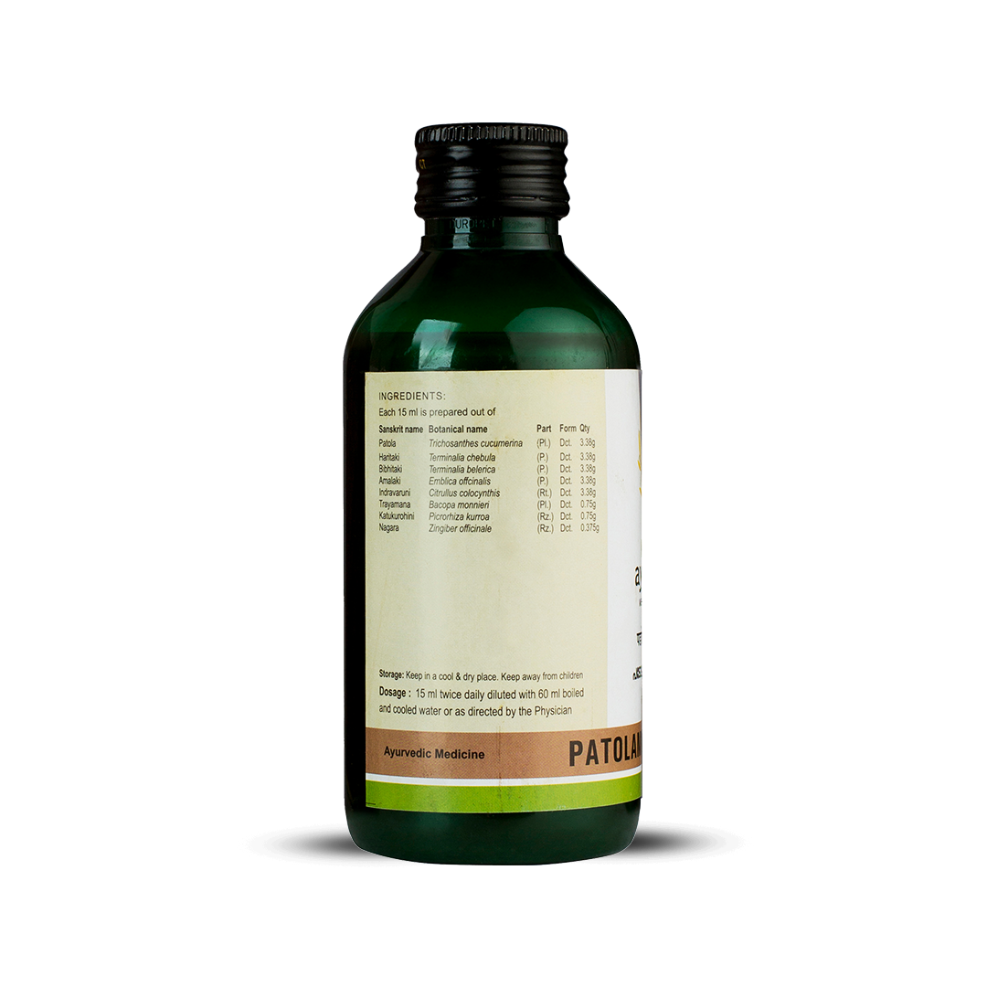 Side view of the dark green glass bottle of Kerala Ayurveda Patolamooladi Kwath, showing a detailed list of ingredients prepared per 15 ml, including botanical names like Trichosanthes cucumerina and Terminalia chebula. Administration, dosage (15 ml twice daily diluted with 60 ml water), and storage instructions are also visible. – Kerala Ayurveda India