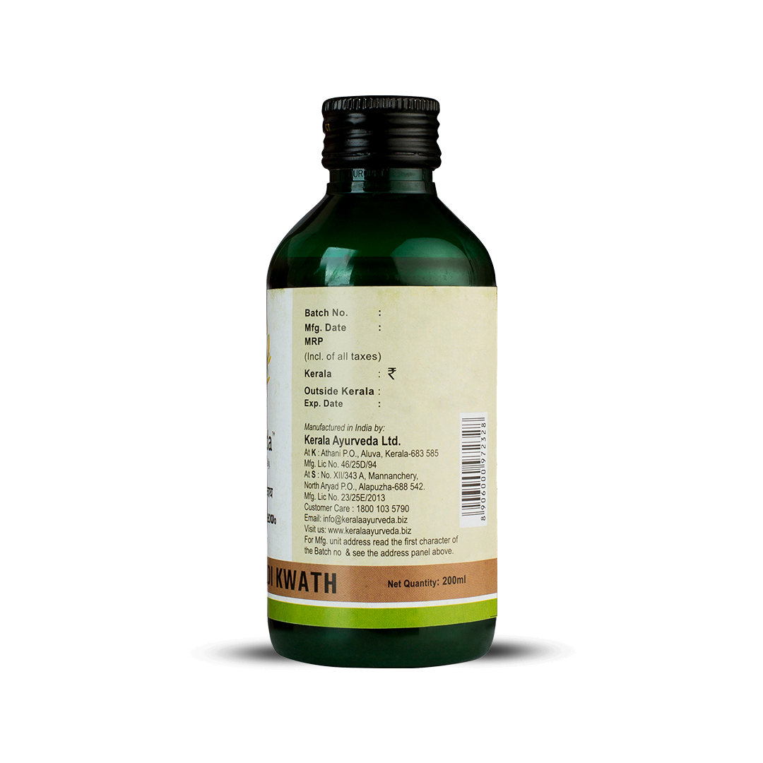 Back view of the dark green glass bottle of Kerala Ayurveda Patolamooladi Kwath, displaying the net quantity of 200ml, manufacturing details, customer care information, and a barcode. – Kerala Ayurveda India