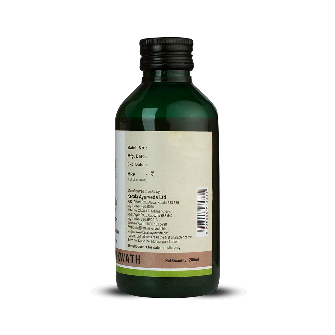 Back view of the dark green glass bottle of Kerala Ayurveda Prasaranyadi Kwath, displaying the net quantity of 200ml, manufacturing details by Kerala Ayurveda Ltd., customer care information, and a barcode. – Kerala Ayurveda India