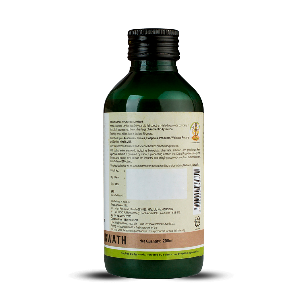 Back view of the dark green glass bottle of Kerala Ayurveda Rasnasapthakam Kwath, displaying the net quantity of 200ml, manufacturing details, customer care information, and a barcode. – Kerala Ayurveda India